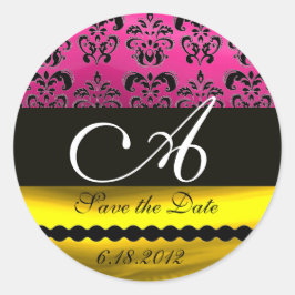 ROZE FUCHSIA PAARSE GOUDEN ZWART DAMASK MONOGRAM RONDE STICKER