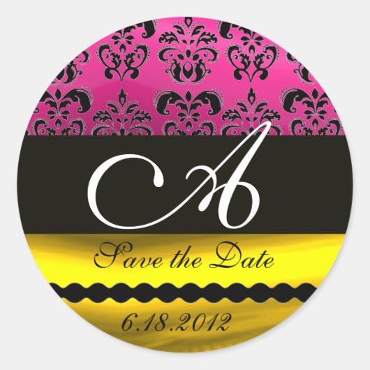 ROZE FUCHSIA PAARSE GOUDEN ZWART DAMASK MONOGRAM RONDE STICKER (Voorkant)