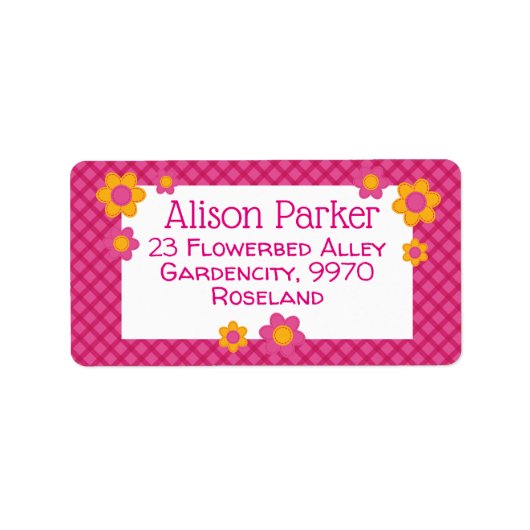 Roze fuchsia plaid patroon naakte bloemen lente etiket (Voorkant)