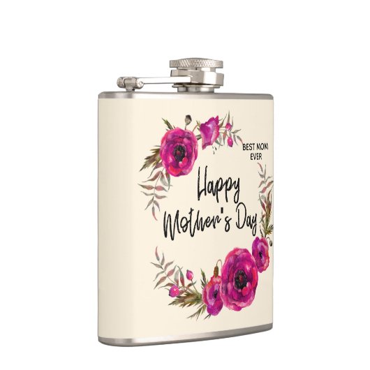 Roze Fuchsia Poppies Best Mam Ever - Moederdag Heupfles (Rechts)