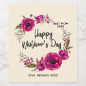 Roze Fuchsia Poppies Best Mam Ever - Moederdag Wijn Etiket (Enkel label)
