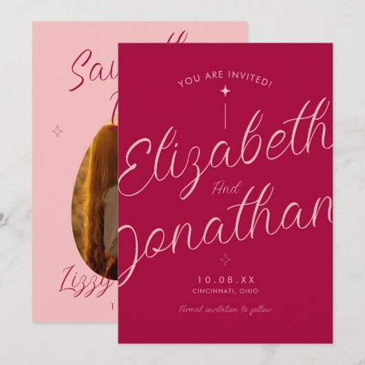 Roze Fuchsia Retro Moderne Trouwfoto Save The Date (Voorkant / Achterkant)