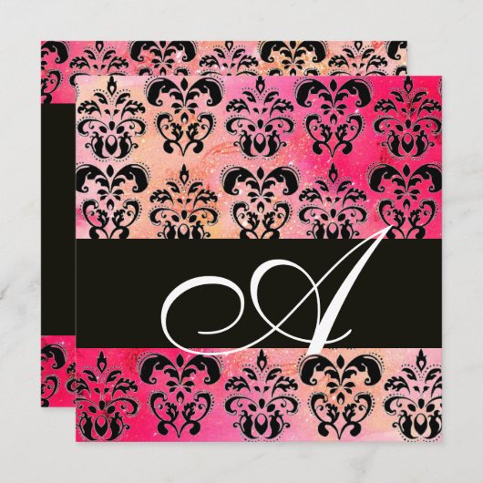 ROZE FUCHSIA ROOD ZWART DAMAST MONOGRAM , wit Kaart (Voorkant / Achterkant)