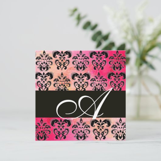 ROZE FUCHSIA ROOD ZWART DAMAST MONOGRAM , wit Kaart (Staand voorkant)
