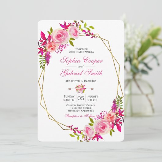 Roze Fuchsia Roos Bloemen | Gouden Lijsten bruilof Kaart (Staand voorkant)