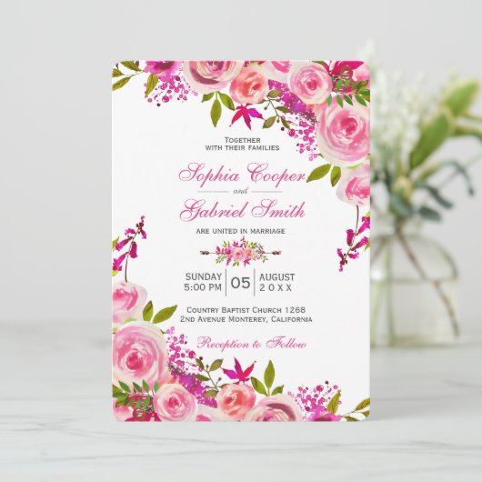 Roze Fuchsia Roos Botanische Bloemige Bruiloft Kaart (Staand voorkant)