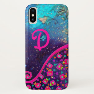 ROZE FUCHSIA TURQUOISE BLAUW ABSTRACTE DECO MONOGR iPhone X HOESJE