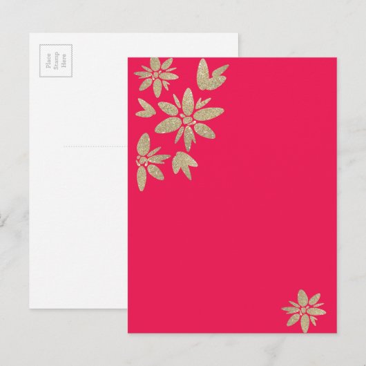 Roze fuchsia uitnodiging met gouden glinsterbloeme briefkaart (Voorkant / Achterkant)