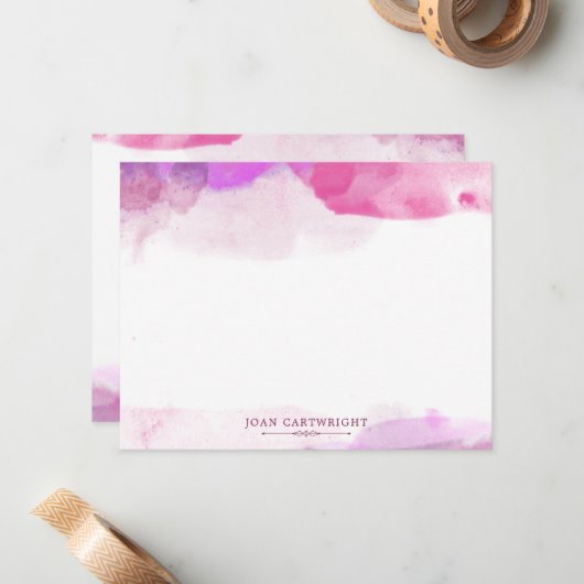 Roze Fuchsia Violet Waterverf Jouw naam toevoegen Notitiekaartje (Voorkant / Achterkant in situ)