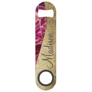 Roze Fuchsia White Agate Gold Geometric Monogram Speed Flessenopener