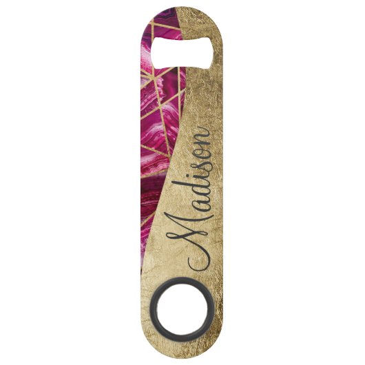 Roze Fuchsia White Agate Gold Geometric Monogram Speed Flessenopener (Voorkant)
