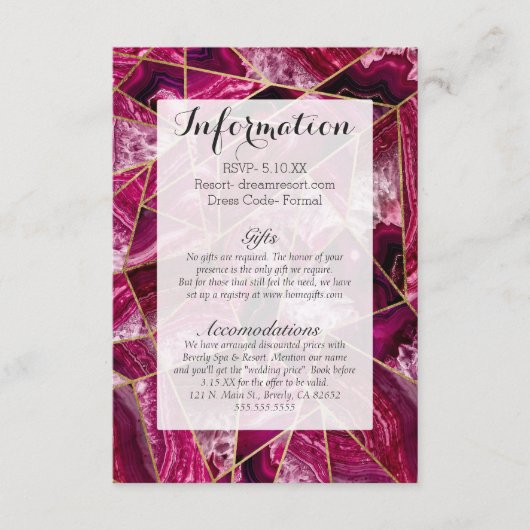 Roze Fuchsia White Agate Gold Geometric Triangles Informatiekaartje (Voorkant)