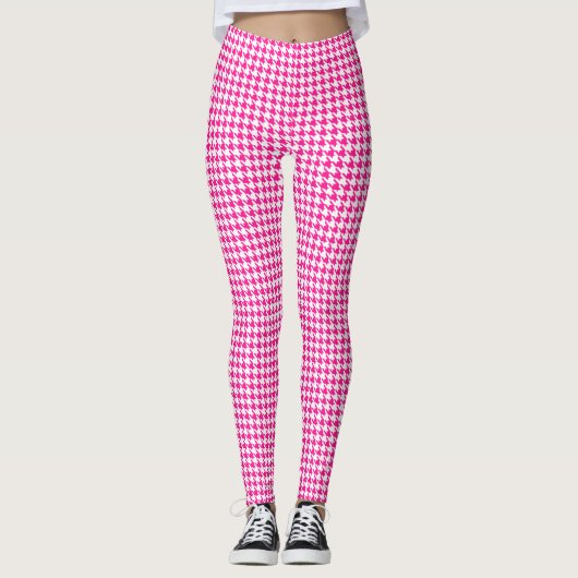 Roze Fuchsia White Houndstooth Leggings (Voorkant)