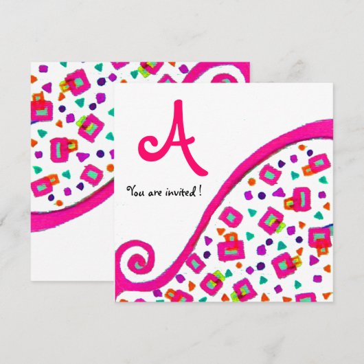 ROZE FUCHSIA WITTE ABSTRACT DECO VIERKANTE MONOGRA KAART (Voorkant / Achterkant)