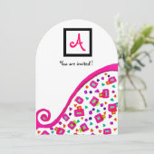 ROZE FUCHSIA WITTE ABSTRACT DECO VIERKANTE MONOGRA KAART (Staand voorkant)
