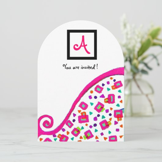 ROZE FUCHSIA WITTE ABSTRACTE DECO VIERKANTE MONOGR KAART (Staand voorkant)