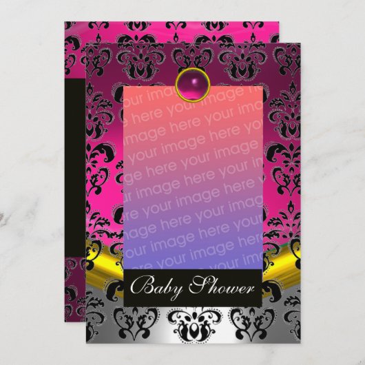 ROZE FUCHSIA WITTE DAMAST BABYSYMPOSIUM MONOGRAM KAART (Voorkant / Achterkant)