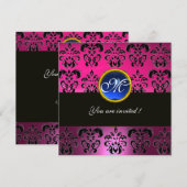 ROZE FUCHSIA ZWART DAMAST MONOGRAM, blauwe saffier Kaart (Voorkant / Achterkant)
