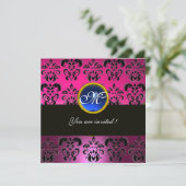 ROZE FUCHSIA ZWART DAMAST MONOGRAM, blauwe saffier Kaart (Staand voorkant)