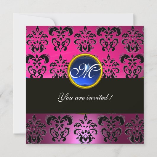 ROZE FUCHSIA ZWART DAMAST MONOGRAM, blauwe saffier Kaart (Voorkant)