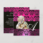 ROZE, FUCHSIA, ZWART, PAARS, DAMAST JEWEL MONOGRAM KAART (Voorkant / Achterkant)