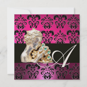 ROZE, FUCHSIA, ZWART, PAARS, DAMAST JEWEL MONOGRAM KAART