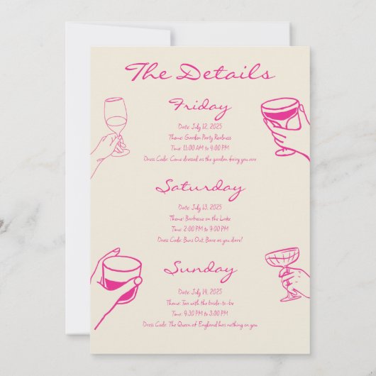 Roze Fun Beach Afscheidscadeau Weekend Uitnodiging (Achterkant)