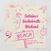 Roze Fun Beach Uitnodiging Meisjesweekendje (Voorkant / Achterkant)