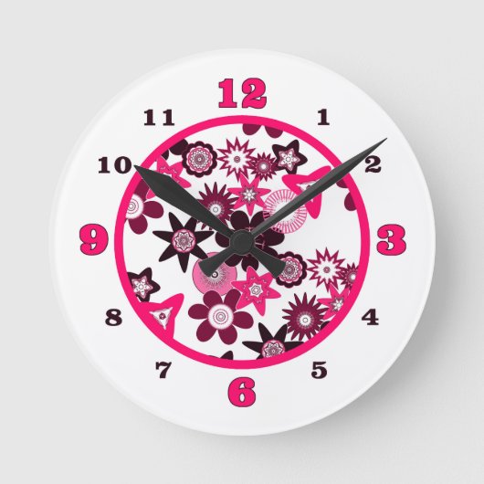 Roze Funky Bloemen Ronde Klok (Voorkant)