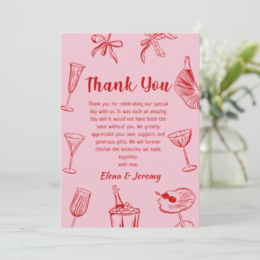 Roze Funky Hand Getrokken Trouwen Dank u kaart (Staand voorkant)