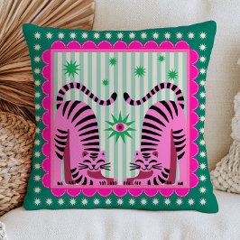 Roze funky tijgers op groene maximalistische dopam kussen