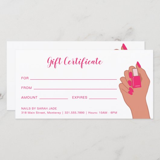 Roze Fuschia Modern Nail Salon Gift Certificate (Voorkant / Achterkant)
