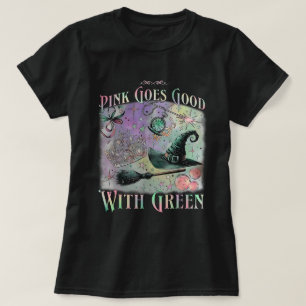 Roze gaat goed met groene Halloween heks T-shirt