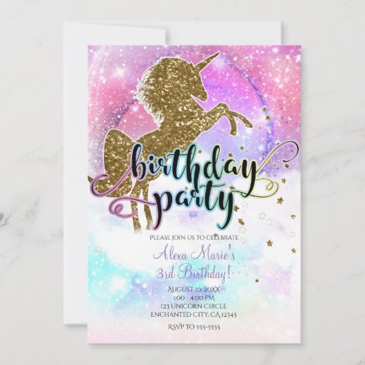 Roze Galaxy Magical Unicorn Sparkle Birthday Party Kaart (Voorkant)