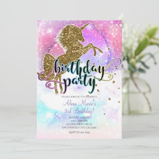 Roze Galaxy Magical Unicorn Sparkle Birthday Party Kaart (Staand voorkant)
