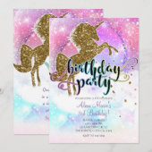 Roze Galaxy Magical Unicorn Sparkle Birthday Party Kaart (Voorkant / Achterkant)