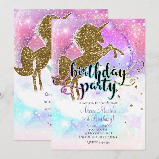 Roze Galaxy Magical Unicorn Sparkle Birthday Party Kaart (Voorkant / Achterkant)