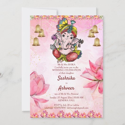 Roze Ganesha lotus Indiase bruiloft sjabloon Kaart (Voorkant)