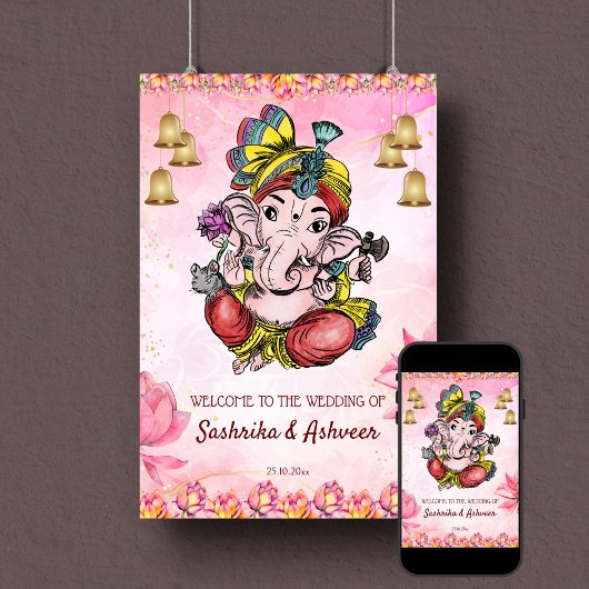 Roze Ganesha lotus Indiase bruiloft welkom teken Poster