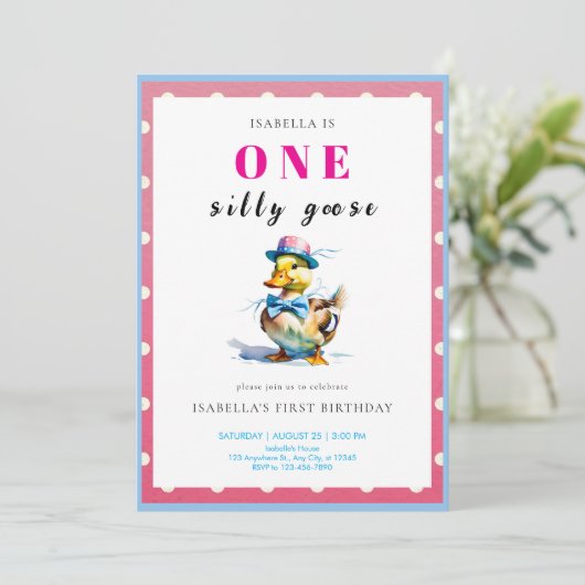 Roze Gans 1e verjaardag Kaart (Staand voorkant)