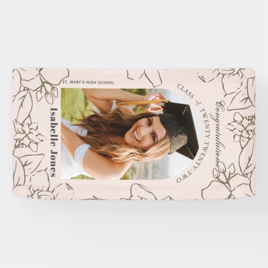 Roze Gardenia Floral Arch Foto Afstuderen Spandoek (Horizontaal)