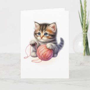 Roze garen en Bright-Eyed Kitten Blank Groet Kaart