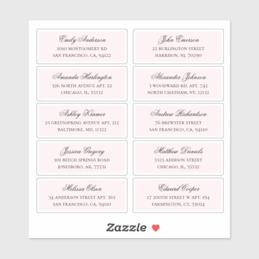 Roze gasten namen adres. Bruiloft verzendlabels Sticker (Vel)