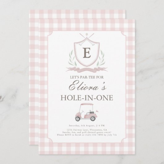 Roze Gat in een Gingham Verjaardag Uitnodiging (Voorkant / Achterkant)