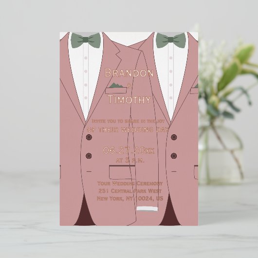 Roze Gay Bruiloft Nodigt Echt Roos Gouden Folie Folie Uitnodiging (Staand Voorkant)