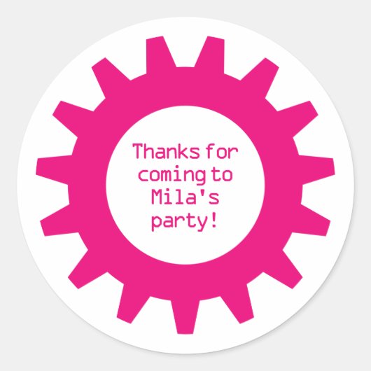Roze gear Birthday Party Dank u Stickers (Voorkant)