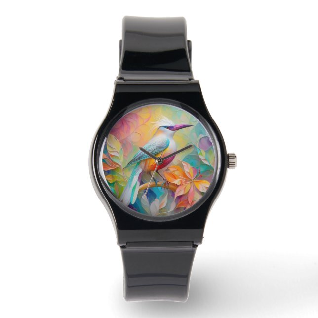 Roze Gebekt Rode Borst Fantasie Vogel Horloge (Voorkant)