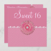 Roze Gebera, parels & harten zoet 16 Party Kaart (Voorkant / Achterkant)