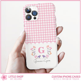 Roze gebloemd geruit monogram iPhone 16 hoesje