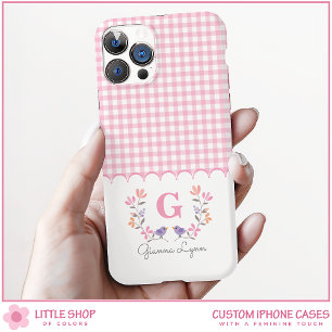 Roze gebloemd geruit monogram iPhone 16 hoesje